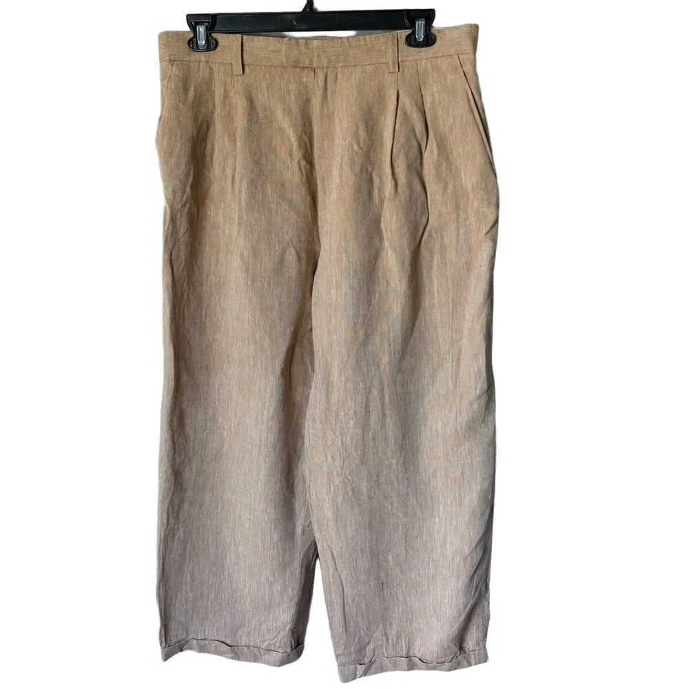 PJ Prestige Trousers Mens Size 38 Tan Pleated Linen Belt Loops Lightweight